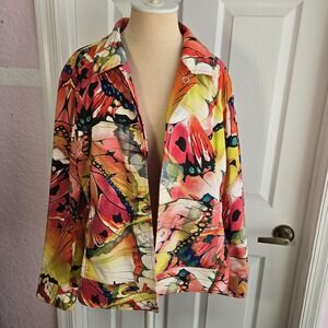 Chico's Butterfly Print Snap Front‎ Jacket Size 3 Women's L 16 Pockets Lined